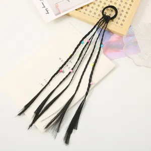 Kids braided wig hair extension with colorful beads and black hair tie for party performance.