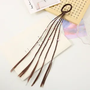 Children brown braided hair extension wig tie with colorful heart beads, sweet hair accessory.