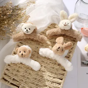 Cute Plush Bear Rabbit Hair Claw Large Fluffy Faux Fur Shark Clip Sweet Animal Hair Accessories For Women Girls Daily Styling