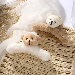 Plush bear hair claw detail, fluffy brown and white cute cartoon hair clip for women.