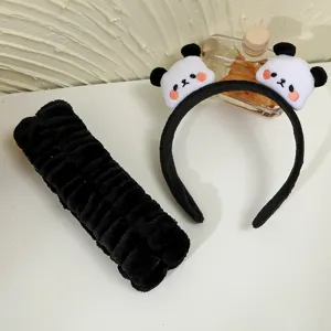 Cute plush panda headband and wristband set detail view, soft cozy fabric for daily wear.