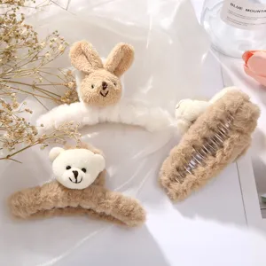 Cute plush bear and rabbit hair claw clips, fluffy large hair catcher for thick hair styling.