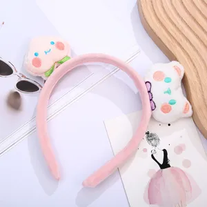 Cute pink plush headband with peach and cat cartoon decoration for makeup washing face spa hair hoop.