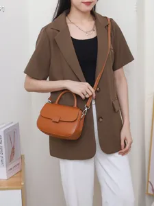 Women vintage genuine leather top handle crossbody flap bag fashion brown shoulder handbag