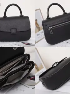 Vintage genuine leather women handbag black flap tofu bag with top handle and secure zipper.