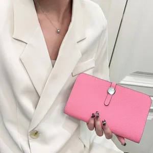 Genuine leather passport holder for women, pink long card wallet and travel document organizer.