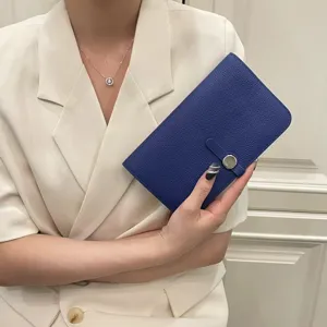 Blue leather passport holder long card wallet travel document organizer for women