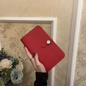 Red leather passport holder detail, multi-slot card case, portable travel document organizer.