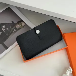 Genuine leather long passport holder and wallet with metal clasp closure, portable travel card case.