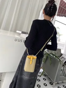 Piccola borsa a tracolla per telefono in pelle vera, borsa trendy bicolore donna.
