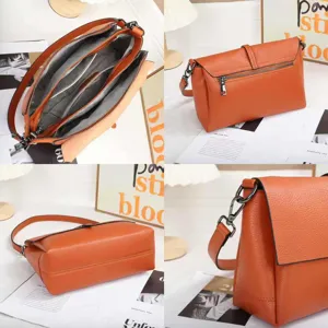 Detail view of genuine leather womens crossbody bag, multi compartment design, orange shoulder bag.