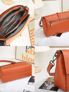 Orange genuine leather women's shoulder bag with multi-compartment design, stylish crossbody bag.