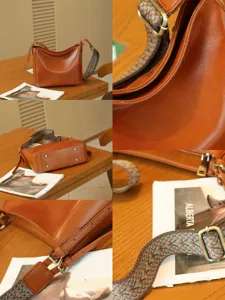Detailed view of vintage brown leather shoulder bag, highlighting strap texture and fine stitching.