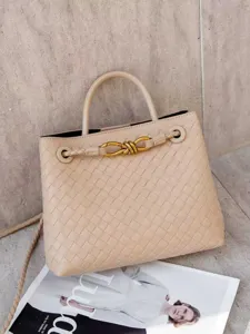 Donna Moda Tessuto Borsa Tote Vera Pelle Borsa a Mano Classica Fiocco Fibbia Corda Casual Quotidiano Borsa a Tracolla