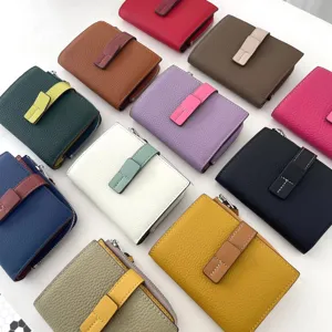 Women genuine leather short wallet contrast color card holder multi-color fashion coin purse