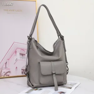 Sac à dos fourre-tout en cuir véritable pour femme, élégant sac bandoulière gris style décontracté.