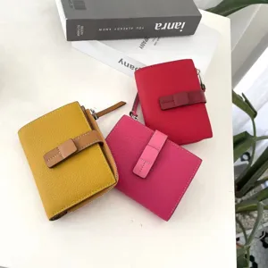 Genuine leather short color-block women's wallet, large capacity card holder coin purse.