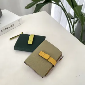 Genuine leather short color-block women wallet with large capacity and coin purse design.