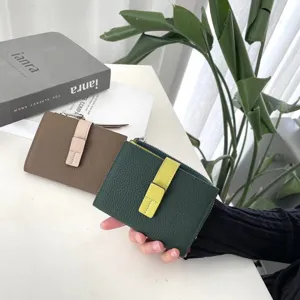 Stylish genuine leather short contrast color women wallet with large capacity and coin purse.