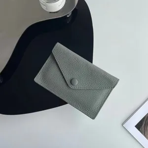 Porte-monnaie minimaliste en cuir véritable pour femme, étui à cartes gris vert fin.