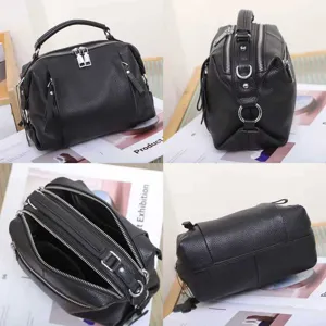 Black genuine leather top handle bag large capacity women casual crossbody handbag.