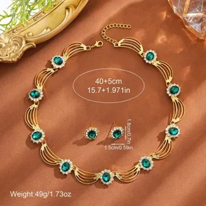 Elegant green rhinestone necklace earrings set, European fashion jewelry party gift.