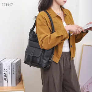 Sac à bandoulière pour femme en cuir de vachette véritable sac à dos chic noir multi-poches