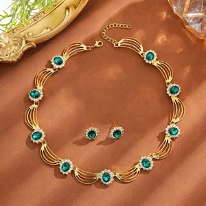 Exquisite gold-tone crystal gemstone necklace earrings set, perfect for banquet and party wear.
