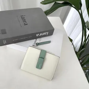 High-end short contrast color women wallet, minimalist white and green leather coin purse.