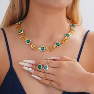 Elegant gold-plated green crystal gemstone necklace and earrings jewelry set for women wedding party.