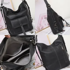 Sac à dos femme en cuir véritable multifonction bandoulière noir vue détaillée