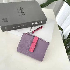 Genuine leather short bifold women wallet color contrast coin purse compact stylish design