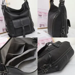Sac à dos et sac à bandoulière en cuir véritable noir avec plusieurs poches.