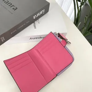 Pink and purple colorblock leather short wallet, multi card slots detail view