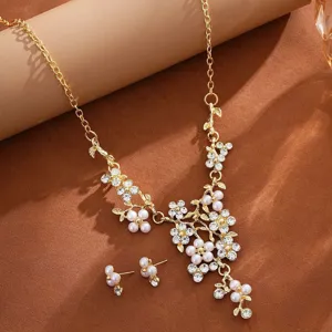 Detail shot of pearl flower necklace and earrings set, elegant bridal jewelry design.