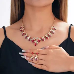 Set Collana Orecchini Strass Rossi Sposa Donna Elegante Gioielli Abito da Banchetto