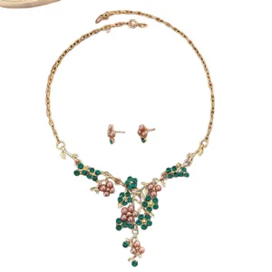 Elegant pearl flower necklace earrings set gold tone green crystal bridal jewelry gift