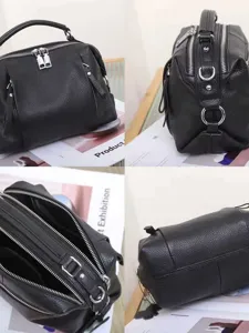 Black genuine leather crossbody handbag for women, large capacity commuting shoulder bag.