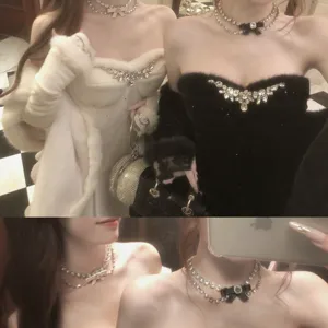 Süß-cooler doppellagiger Strass Schleifen Choker, elegante Luxus Halskette für Damen Party Schmuck