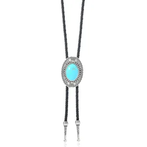 Vintage turquoise bolo tie necklace with braided leather rope and antique silver round pendant.