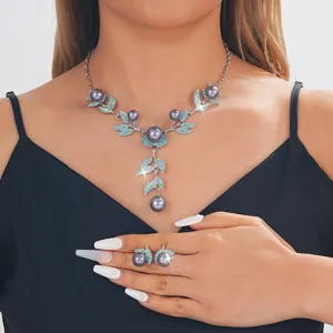 Conjunto de Collar y Pendientes de Hojas de Estras y Perlas Artificiales de Aleación de Lujo para Mujeres Joyería de Boda Nupcial