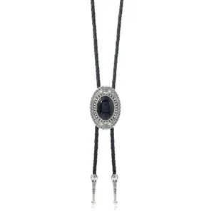 Vintage western bolo tie with black braided cord oval pendant and stone for women accessories