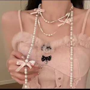 Süße Perlen Schleife mehrlagige Halskette, elegante pinkfarbene Bänder Choker Schmuck Damen.