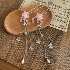 Exquisite chinesische Haarnadel mit rosa Blüten Quasten und Schmetterling für Hanfu.