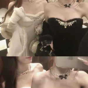 Süß Cool Leder Schleife Halskette Damen Mehrlagig Strass Choker Halskette Kleid Halskette Mode Schmuck Geschenk
