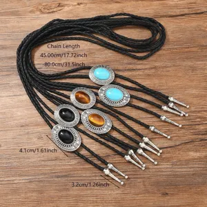 Vintage turquoise leather wax rope bolo tie necklace with retro metal round pendant for women