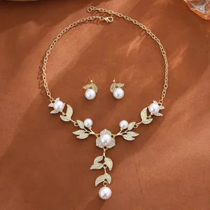 Conjunto de collar y pendientes perlas estrás oro boda joyería moda accesorios mujer