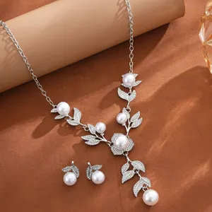 Conjunto de joyas de collar y pendientes de perlas y estrás para mujer novia boda.