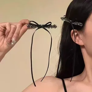 Zwarte strass strik haarspeld met lange linten elegante kristallen haaraccessoires vrouwen
