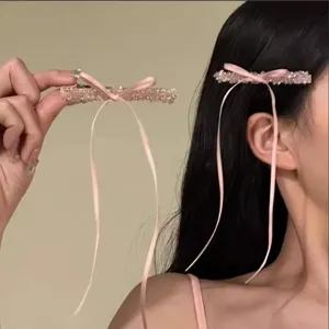 Roze strass strik haarspeld met lange linten, schattig haaraccessoire voor vrouwen.